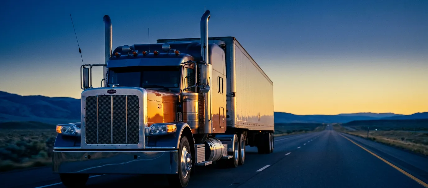 A semi truck on an open highway at dusk, chrome catching amber light, the road running to the horizon